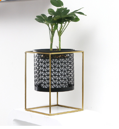Hollow Metal Plant Stand with Matching Pots – Black Modern Cut-Out Design (2 Sizes)