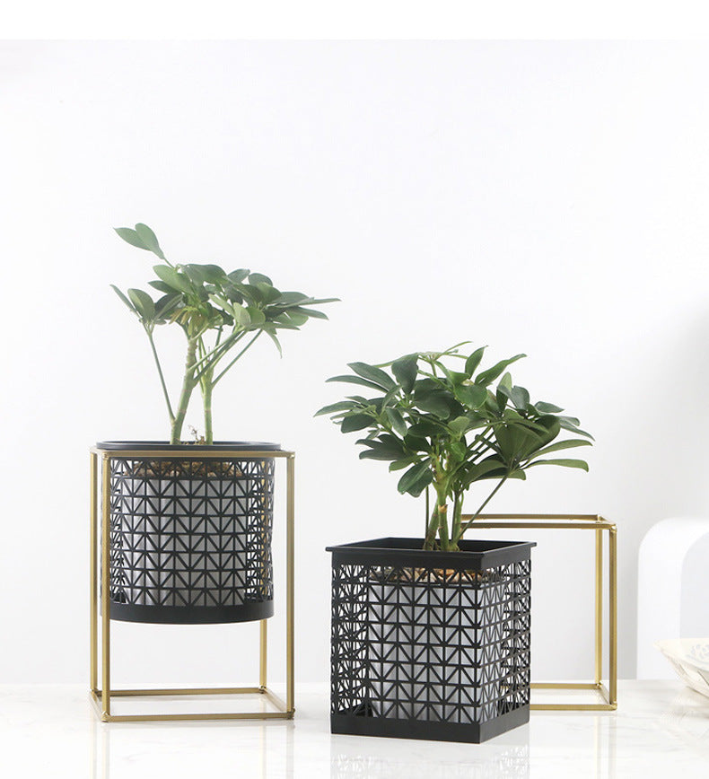 Hollow Metal Plant Stand with Matching Pots – Black Modern Cut-Out Design (2 Sizes)