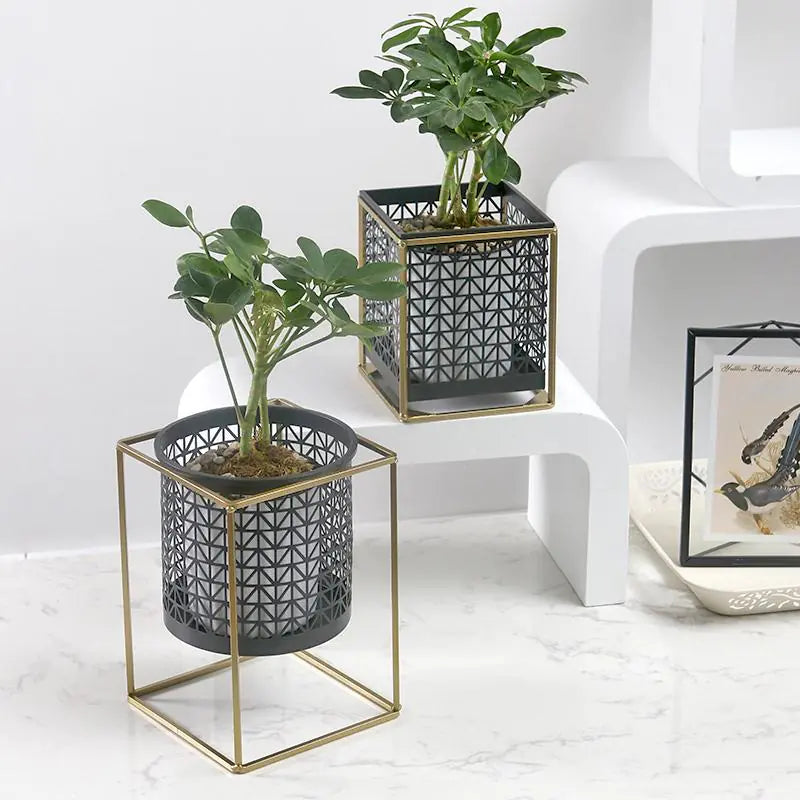 Hollow Metal Plant Stand with Matching Pots – Black Modern Cut-Out Design (2 Sizes)