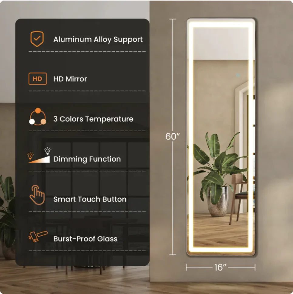 Modern Full-Length LED Mirror with 3-Color Lighting – Premium Nano Glass (Multiple Sizes)