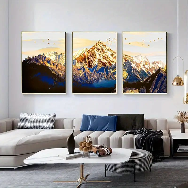 Golden Snow 3pcs Mountain Canvas Wall Art – Modern Luxury Home Decor (Multiple Sizes)