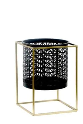 Hollow Metal Plant Stand with Matching Pots – Black Modern Cut-Out Design (2 Sizes)