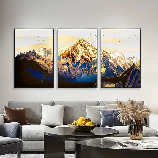 Golden Snow 3pcs Mountain Canvas Wall Art – Modern Luxury Home Decor (Multiple Sizes)