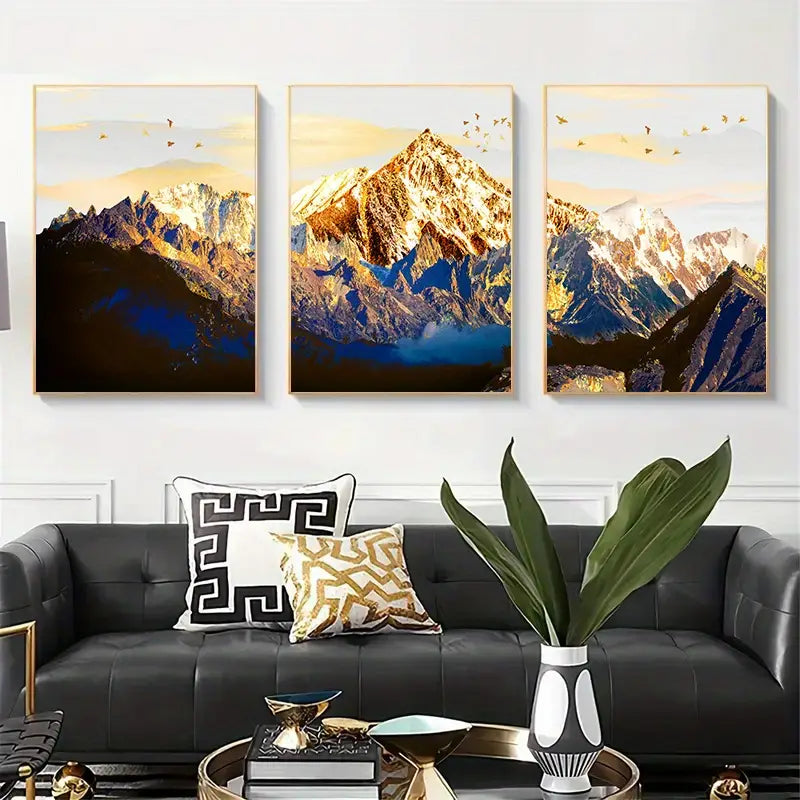 Golden Snow 3pcs Mountain Canvas Wall Art – Modern Luxury Home Decor (Multiple Sizes)